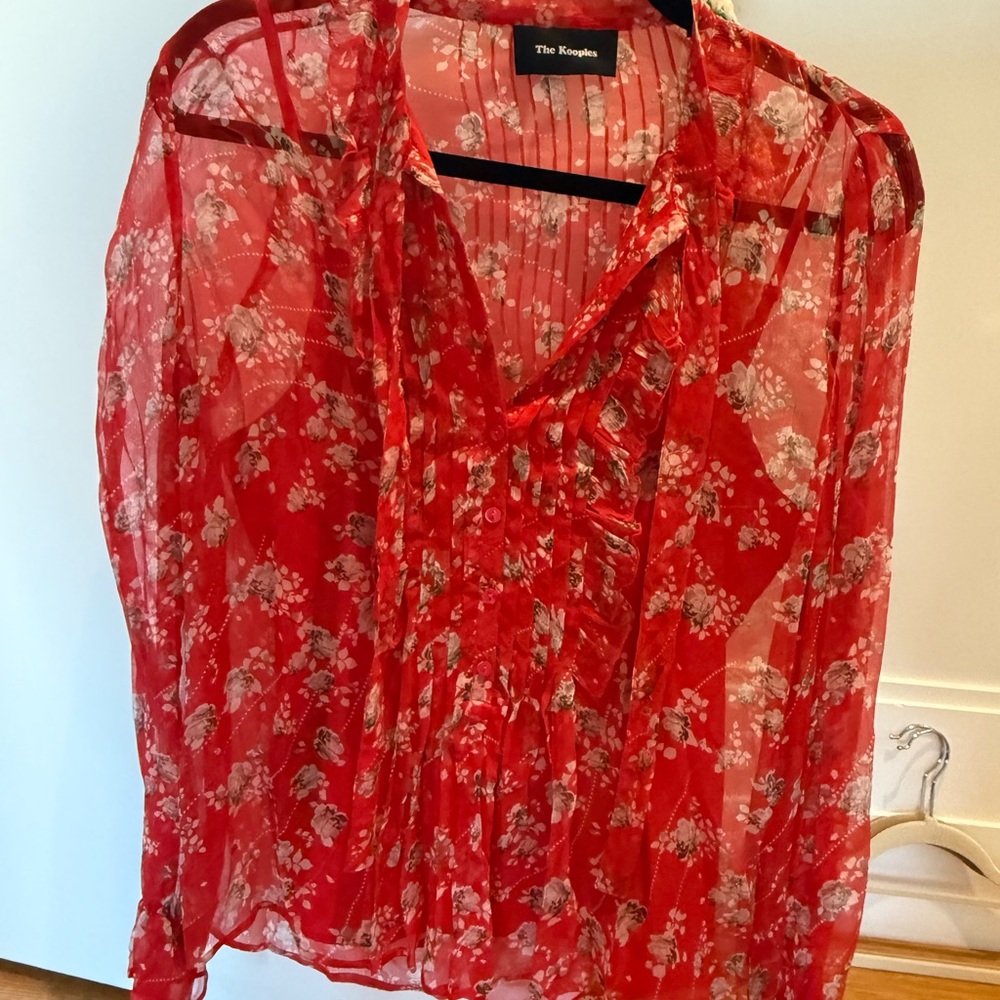 The Kooples Red Sheer Floral Blouse with red camisole